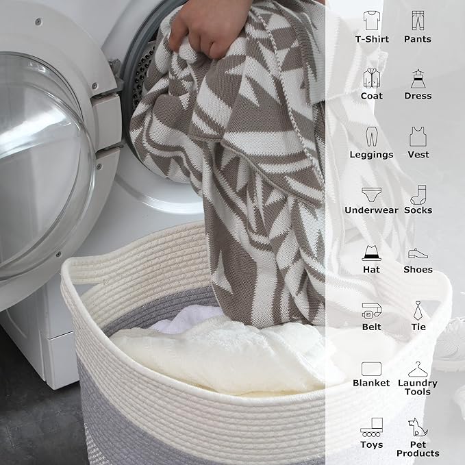Sea Team Oval Large Cotton Rope Woven Storage Basket with Handles, Diaper Caddy, Baby Shower Basket, Nursery Nappies, Clothes Toys Organizer for Kid's Room, 16 x 13 inches, White & Lavender