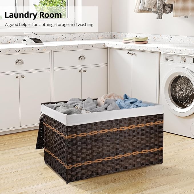 OIAHOMY Storage Basket with Lid, 42.3 Gallon (160L) Blanket Basket with Removable Liner Bag, Synthetic Wicker Hamper with Handle, Hamper for Living Room, Brown