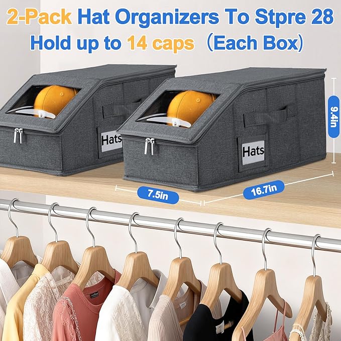 Dofilachy 2 Pack Stackable Hat Storage for Baseball Caps, Holds 28 Caps - Closet Organizer Box with Clear Window & Cardboard，Sturdy Snapback Hat Boxes for Home Storage (Linen Grey, 2 Pcs)