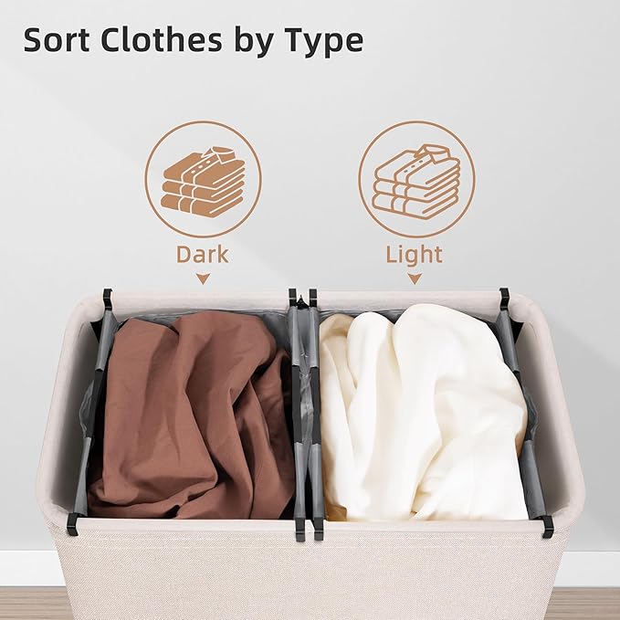 STORAGE MANIAC Double Laundry Hamper, 136L Laundry Sorter with Lid and Removable Bags, Clothes Hamper, Large 2 Section Clothes Basket with Handles for Small Space, Dorm, Closet, Bathroom, Beige