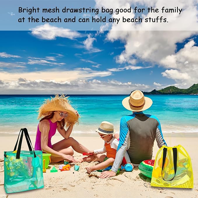 Reusable 4Pack Colorful Mesh Beach Tote Bags,Mesh Shopping Bag With Drawstring For Travel,Toys,Gift Or Laundry … …