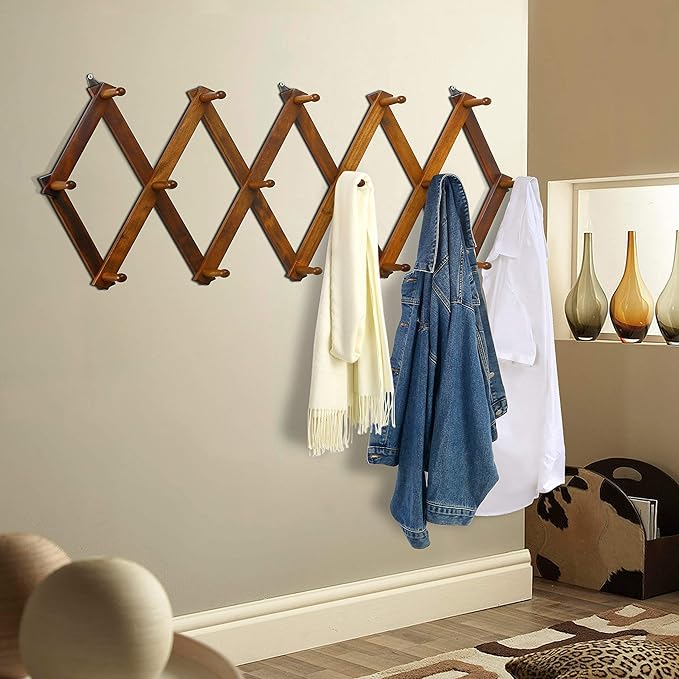 Dseap Accordian Wall Hanger: 16” High Wooden Wall Expandable Coat Rack, Hat Rack Holder, Accordion Hook for Baseball Caps, Coats, Mugs, 16 Peg Hooks, Brown