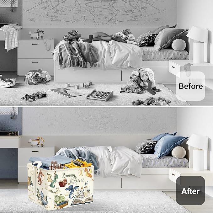 Dinosaur Laundry Hamper Large Storage Basket Cartoon Dino Collapsible Parents Organizer Kids Toy Clothes Bins for Bedroom, Bathroom, Magic Books, 36L