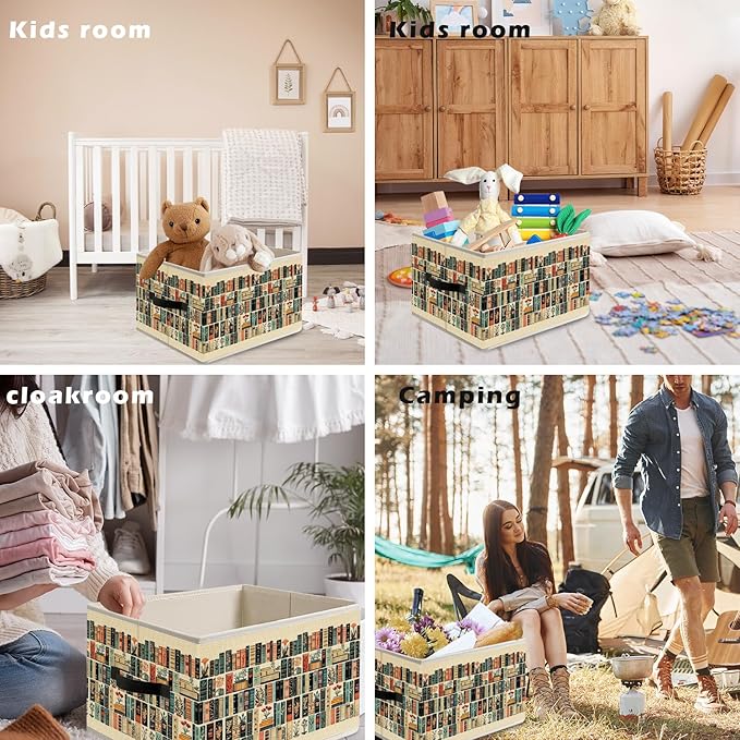 Vintage Book Lovers Storage Bin Box with Handles, Retro Bookish Foldable Organizer Basket Toybox for Reading Corner Room Library Bedroom Bathroom Home Clothes Toys Books