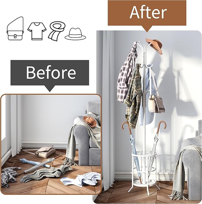 FILWH Coat Rack Freestanding with Umbrella Stand with 12 Hooks Metal Coat Tree Coat and Hat Hanger Jacket Entryway Coat Rack (White)
