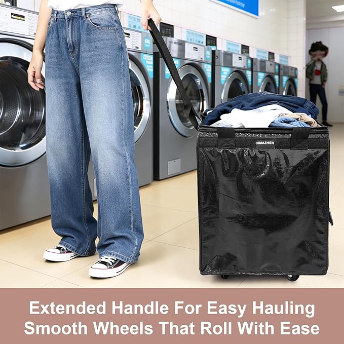 (Medium,Black) Reusable Grocery Bag on Wheels, Foldable Rolling Tote Bag with 3 Handles and Zipper, Storage Organizer for Clothes & Groceries, Rolling Shopping Cart for Trips, 76lb