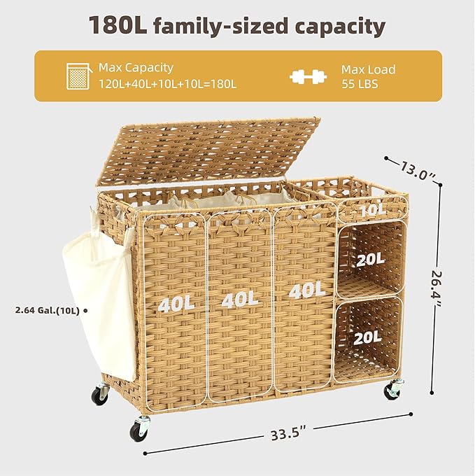 Laundry Hamper with Lid, 160L Rattan Wicker Laundry Basket with Wheels, Handwoven Laundry Hamper 3-Section with Storage shelf(42.3 Gal), Laundry Sorter Basket with Removable Liner, Natural HLH033N
