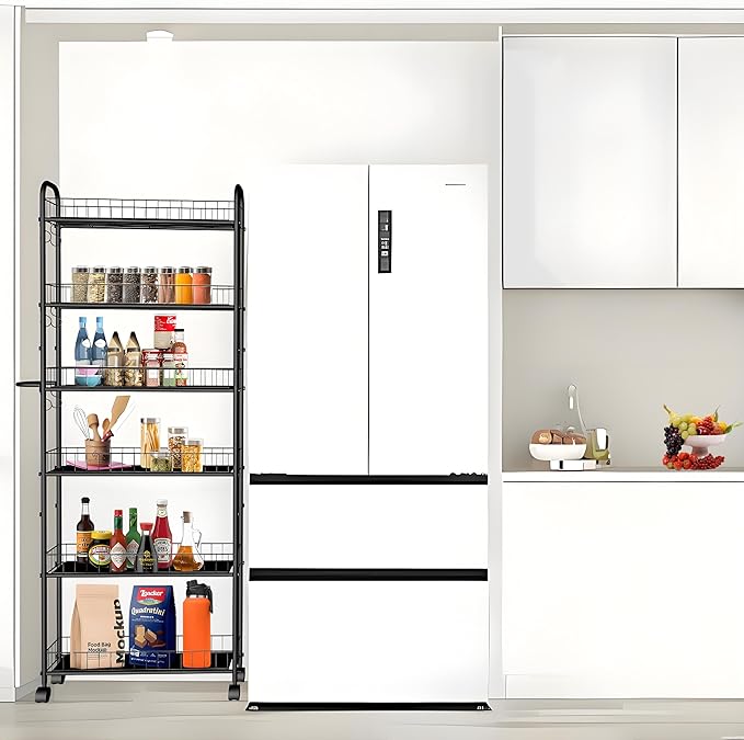 6in 6 Tier Slim Storage Cart with Wheels, Black Narrow Space Rolling Shelving Unit with Handle, Metal Wire Mobile Organizer Rack for Kitchen Bathroom Office Laundry