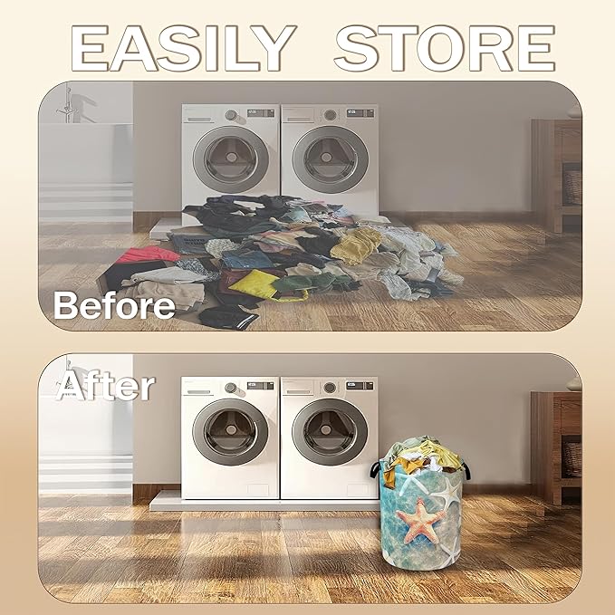 Laundry Hamper,Sea Starfish Laundry Basket,Beach Flowers Portable Collapsible Laundry Room Organization Storage for Dorm Room,Nursery,Bathroom,Bedroom,16x20 Inch