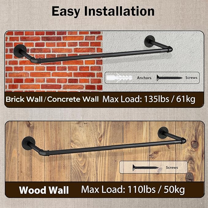 Wall Mounted Clothes Rack 21.06in, Industrial Pipe Wall Mount Clothing Rack, Heavy Duty Iron Garment Racks, Space Saver Multi-purpose Hanging Rod for Laundry Room, Closet Storage, 2 Packs