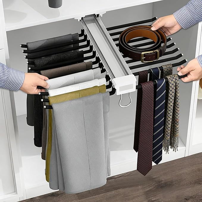 22 Arms Steel Slide Out Pants Rack Closet Pants Hanger Bar Pull Out Trousers Rack Tie Belts Scarf Racks, Top Mounted Wardrobe Clothes Organizers Rail Pull Out Closet Storage Rod-Black