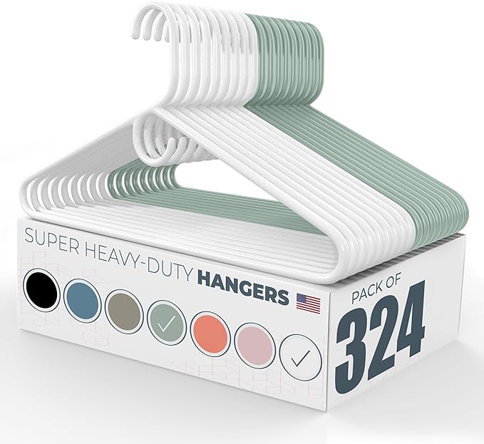 Neaties Super Heavy Duty Clothes Hangers 100+ Pack (324 Count) – Made in The USA - 10lb Capacity, Thick Plastic Hangers for Pants, Coats, Jackets, Jeans and Adult Clothing – White & Mint