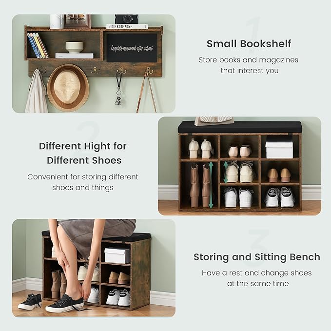 TrailBlaze Hall Tree Shoe Bench Industrial, 31.5 Inch 6 In 1 Coat/Shoe Rack With 5 Hooks 9 Storage Cubbies With Small Blackboard and Bookshelf for Entryway Hallway Living Room (Retro Brown)