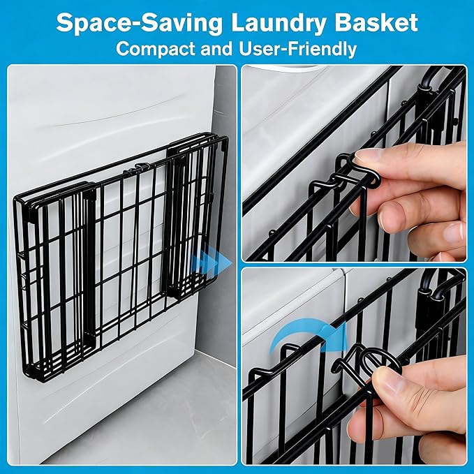 Magnetic Collapsible Laundry Basket, Foldable Metal Laundry Hamper for Washing Machine Side, Space Saving Pop Up Hamper, Laundry Room Organization and Storage (Black)