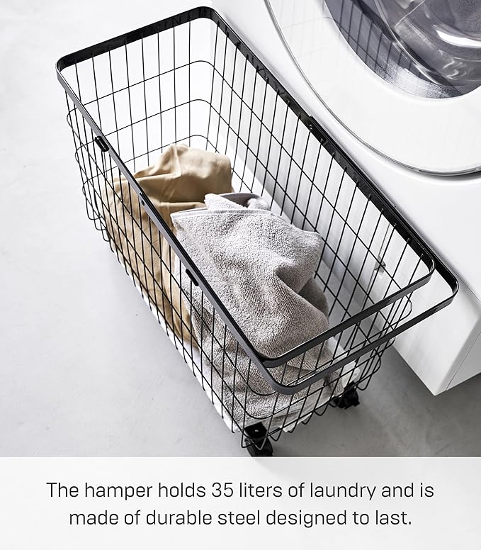 Yamazaki Home Tower Small Rolling Laundry Basket Metal Hamper Cart With Wheels And Handle, 14.8" - Steel - 9.8 Gallons, 35 Liters