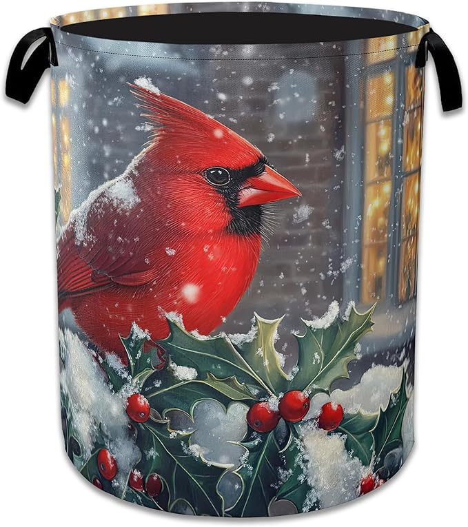Winter Cardinal Red Bird Laundry Basket Collapsible Laundry Hamper, Oxford Cloth Storage Bin for Room/Bathroom/Bedroom/Dormitories 16" X 20.8"