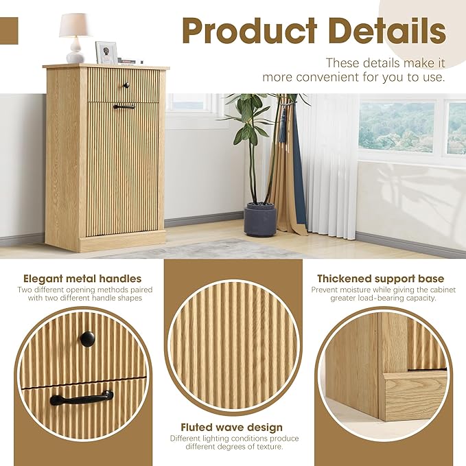 Grepatio Fluted Laundry Hamper, Tilt Out Laundry Hamper Cabinet, 11 Gallon Hidden Trash Can, Wooden Garbage Can Cabinet with Drawer, Free Standing for Bathroom, Kitchen (Natural, Single)