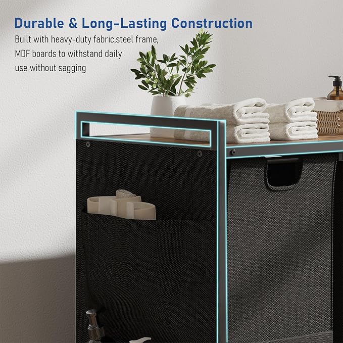 Laundry Hamper, Laundry Basket, Laundry Sorter with Top Shelf & 3 Removable Washable Bags & Side Pockets for Laundry Room organization, Bathroom and Dorm, Rustic Brown and Black