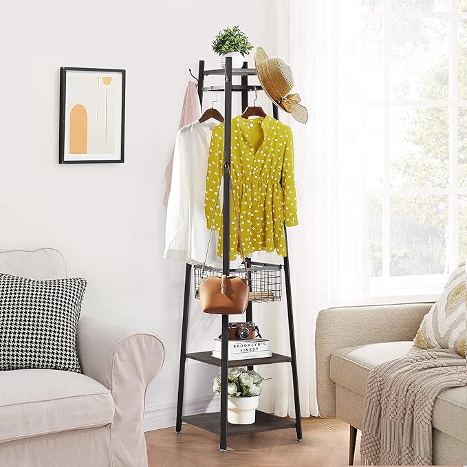 VECELO Coat Rack Freestanding, Entryway Clothes Stand with Metal Basket and 2 Shelves, Upgrade Hall Trees with 8 Dual Hooks for Bags, Hats, and Umbrellas, Industrial Styles, Vintage Brown+ Black