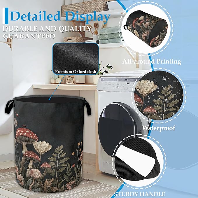 Mushrooms Forest Laundry Basket Collapsible Laundry Hamper, Oxford Cloth Storage Bin for Room/Bathroom/Bedroom/Dormitories 16" X 20.8"