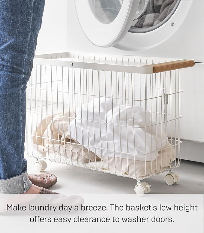 Yamazaki Home Tosca Compact Rolling Laundry Basket Cart - Metal Hamper With Wheels And Handle For Easy Mobility - Space-Saving Storage Solution, 15" - Steel + Wood - 9.2 Gallons, 35L