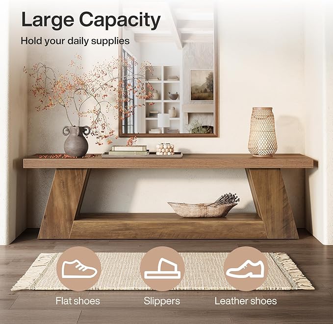 Tribesigns 63" Wooden Entryway Bench with Storage Shelf, Rustic Extra Long Bench, 2-Tier Narrow Hallway Seating Bench for Living Room, Bedroom, Kitchen(Brown)