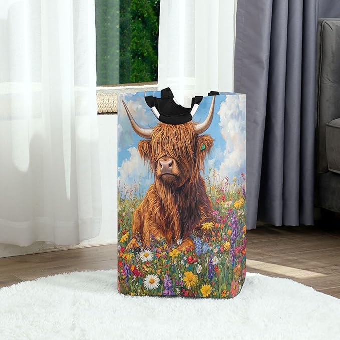 xigua Highland Cow Large Laundry Hamper with Handle, Foldable Clothes Hamper Collapsible Storage Basket for Toys and Clothes Organization in Bedroom, Bathroom, and Laundry Room