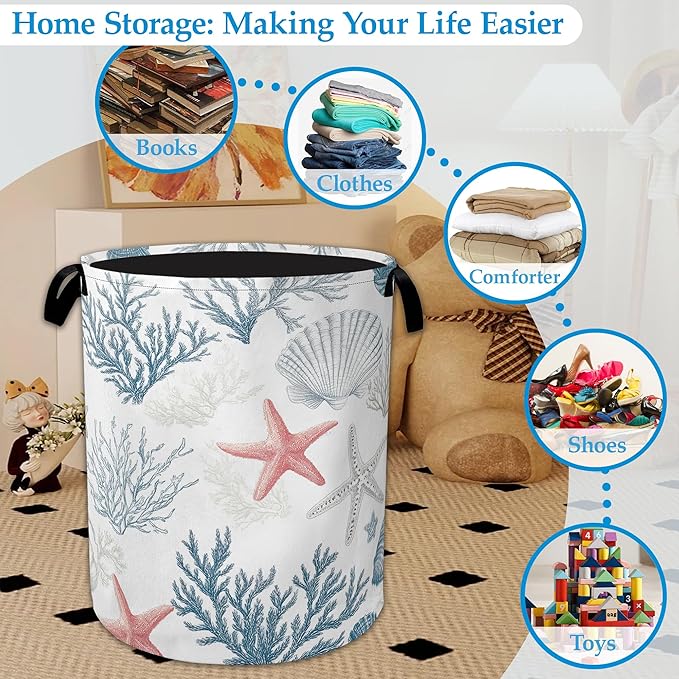 Seashell Starfish Ocean Laundry Basket Collapsible Laundry Hamper with Handle, Oxford Clothes Toy Storage Bin for Bathroom Bedroom Room Decor 16" X 20.8"