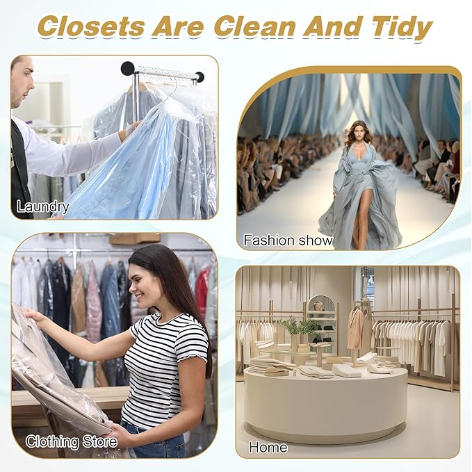 100 Pack Clear Plastic Garment Bags for Hanging Clothes, Dry Cleaning Bags 60 * 120cm Dust Proof Clear Cloth Covers Dry Cleaner Bag Dust Proof for Hanging Clothes at Home/Dry Cleaners
