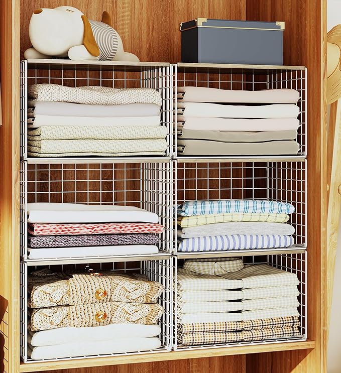 Closet Organizers And Storage Shelf, 3Pack Stackable Closet Storage Bin Basket For Clothes Sweaters With Top Board, Widened Opening, Heightened Height, Large Capacity Sturdy Clothing Storage Organizer