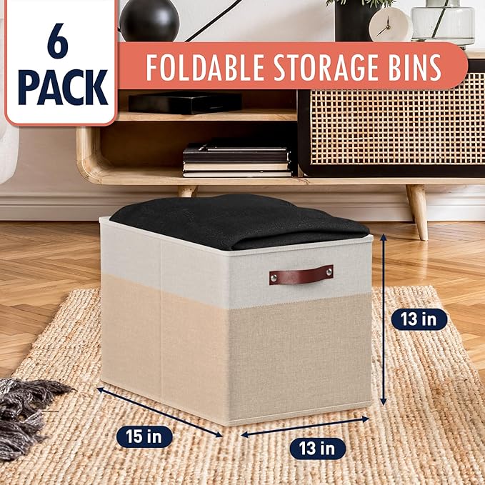 Ornavo Home 13 x 15 x 13 Kallax Storage Cube Bins, Foldable Collapsible Fabric Storage Bins Box Linen Shelf Basket Cube Organizer for Closet with Leather Handles, 6 Pack, White/Khaki