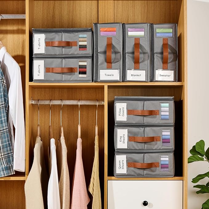 8pack Bed Sheet Organizer, Foldable Linen Closet Organizers and Storage with Sealed Design, Queen & King Size Sheet Storage with Window, Closet Organizer for Bedsheets/Blankets/Clothes, Grey