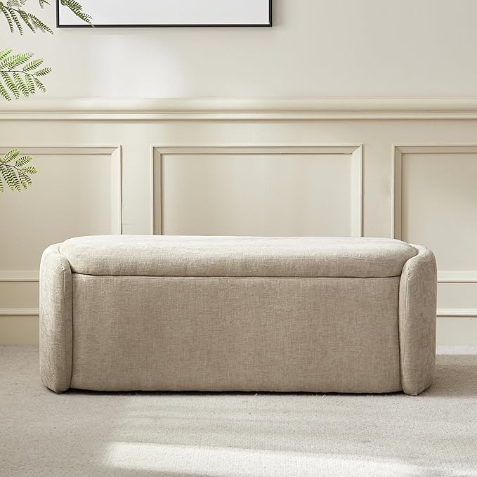 VKNOW Oval Storage Ottoman Bench, 46" Upholstered End of Bed Bench Ottomans Bench Foot Rest, Sherpa Storage Bench for Bedroom, Living Room and Hallway, Light Brown