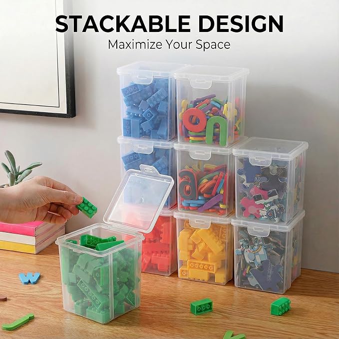 10 Pack Small Clear Storage Bins with Lids - Stackable Plastic Organizer Boxes for Crafts, Art Supplies, Jewelry, Beads, Office Tools - 3.54x3.54x4.53 Inch – Square Medium