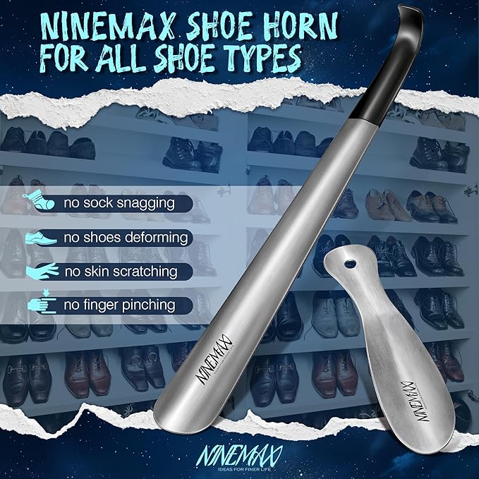NINEMAX Shoe Horn Long Handle for Seniors Men Women, Metal Long Shoehorn Boot Horn 16.5'', Travel Small Stainless Steel Shoe Spoon Helper for Kids 7.5''