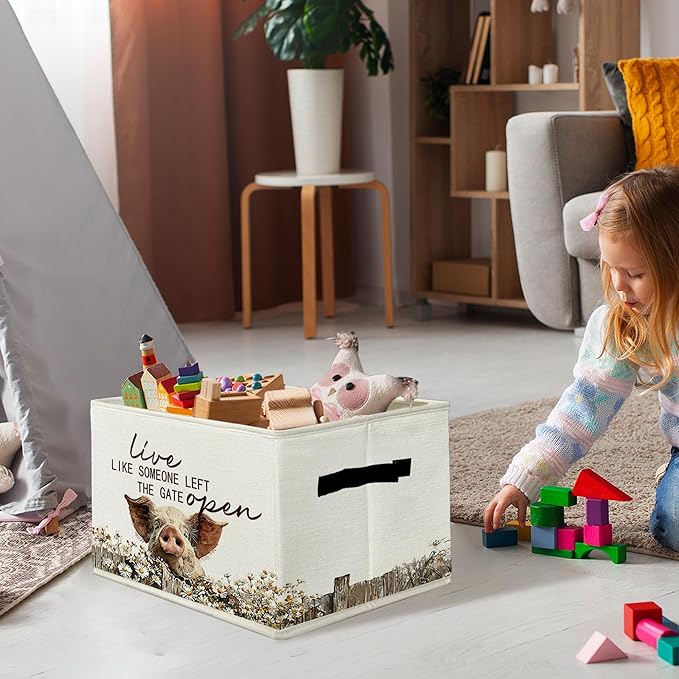 Rustic Pig Storage Bins & Boxes with Handles, Farmhouse Pig Foldable Basket for Organizing, Live Like Someone Left the Gate Open Collapsible Storage Basket for Bedroom Bathroom Clothes Toys