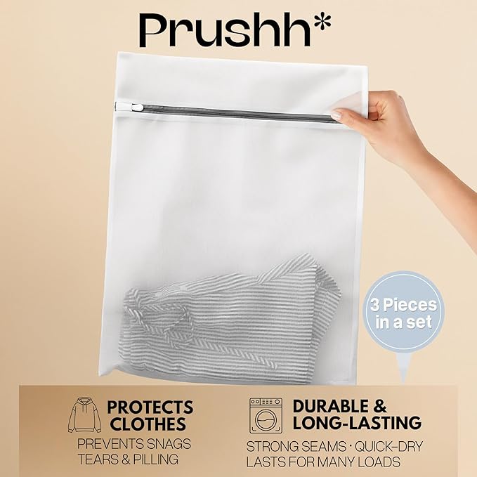 3Pc Spacious Durable Mesh Laundry Bags (16x20 Inches) Protects Delicates, Fine Mesh for Uniform Wash & Dry, Auto-Lock Zipper, Washer-Friendly, For Home, Dorm or Storage, Fits Socks to Sweaters