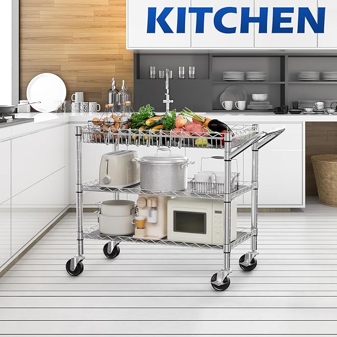 NTE Utility Cart with Wheels, 990lbs Capacity Metal 3 Tier Rolling Carts, NSF Kitchen Carts On Wheels with Storage, Heavy Duty Utility Cart with Handle & Wire Shelf for Indoor & Outdoor Use, Silver