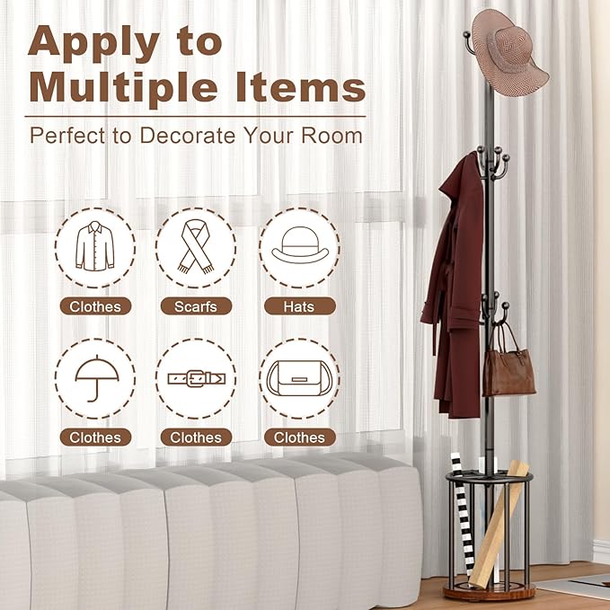Coat Rack Freestanding, Coat Rack Stand with Umbrella Holder, Coat Tree, Coat Hanger Stand with 12 Hooks for Clothes Bag Hats, Hat Rack Hall Tree Coat Hanger Umbrella Stand for Entryway