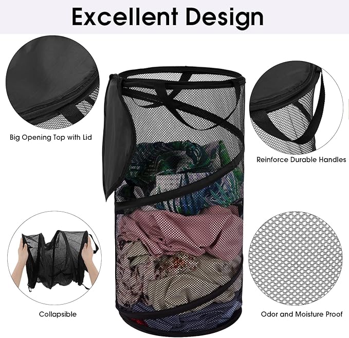 BATTOO 2 Pack Large Collapsible Laundry Basket with Lid Foldable Mesh Pop Up Hamper with Handles for Laundry Room, Bathroom, Kids Room, College Dorm, Travel, Storage Organizer Black+White