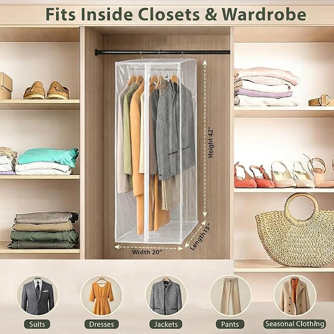 Garment Bag - Clear Hanging Closet Organizer - Durable Zippered Cover with Rod Protects Dresses, Suits, and Jackets from Dust and Moist- Top Metal Frame to Keep All Your Stuff in Shape- 42" x 20" x 15