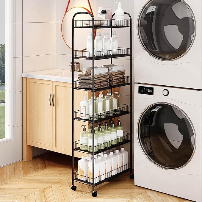 6 Tier Slim Rolling Storage Cart, Mobile Shelving Unit with Wheels, Metal Wire Storage Rack with Baskets for Kitchen Bathroom Office Laundry Narrow Piaces (10in Rolling Cart)