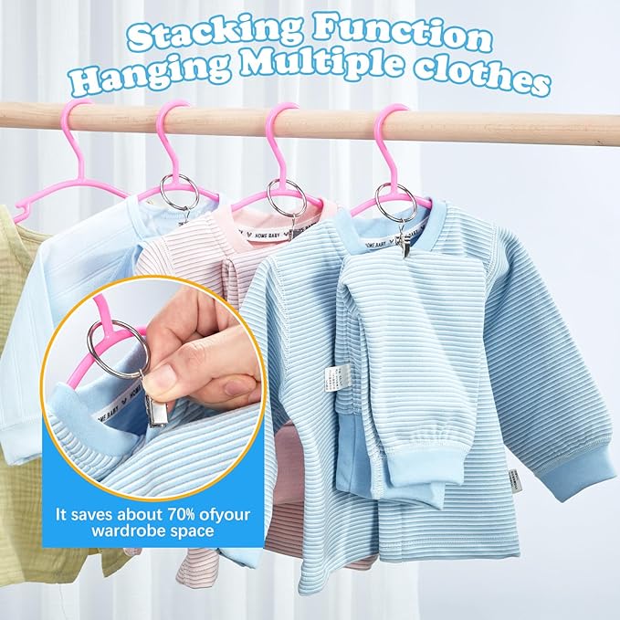 Baby Hangers with Metal Ring Clips, Children Plastic Hanger for Kids Pants Clothes Closet, 20 Pack, Rose red
