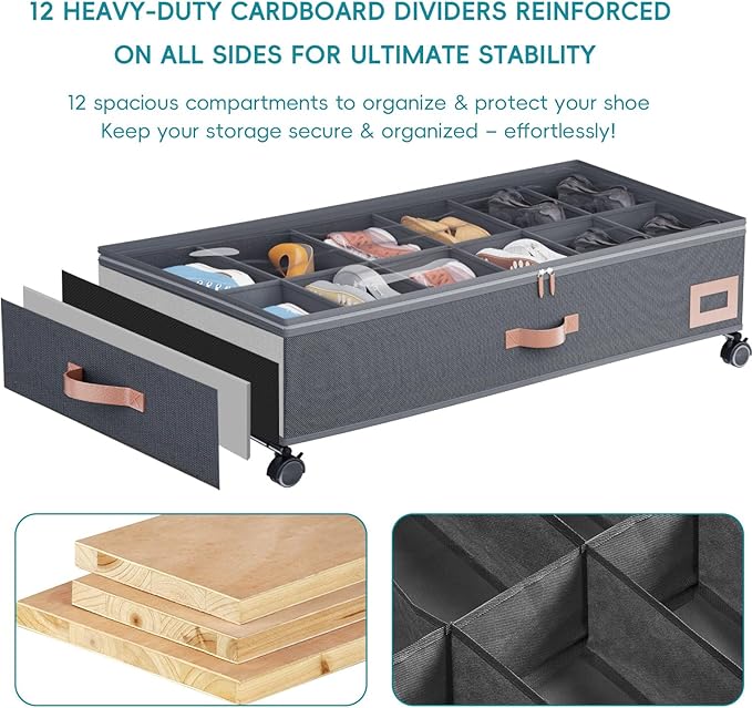 Under Bed Shoe Storage with Wheels, Set of 2, Fit 12 Pairs, Dorm Room Essentials, Shoe Organizer Under Bed Solution with Clear Window, Breathable, Shoe Organizer for Closet