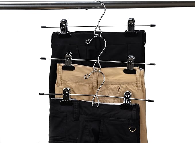 24 Quality Pants Hangers Heavy Duty Add-on Skirt/Slack Metal Hanger, Extra Wide Adjustable Clips, Multi Stackable Add on Hangers, Chrome, Jeans, Bottoms (24)