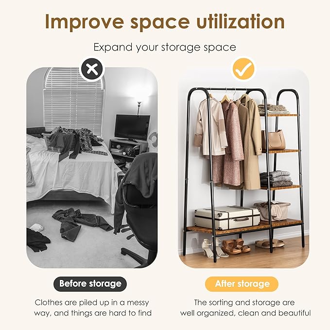 SogesHome Free Standing Clothing Rack, Standing Coat Rack Garment Racks with 3-Tier Storage Shelves for Bedroom, Entryway, Vintage Brown