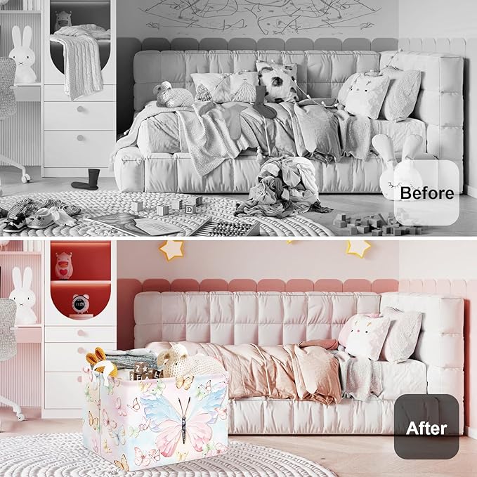 3D Pastel Butterfly Baby Laundry Hamper Collapsible Clothes Kids Storage Basket Large Girls Gift Toy Box Bin for Bedroom, Colorful, 36L
