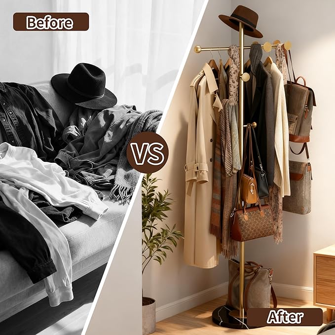 68.9 Inch Tall modern Coat Rack,Gold coat tree freestanding heavy duty,Heavy-Duty Metal Coat Rack Stand with Sturdy Marble Base for Entryway,Hallway,Bedroom,Holds Coats Hats Bags Scarves