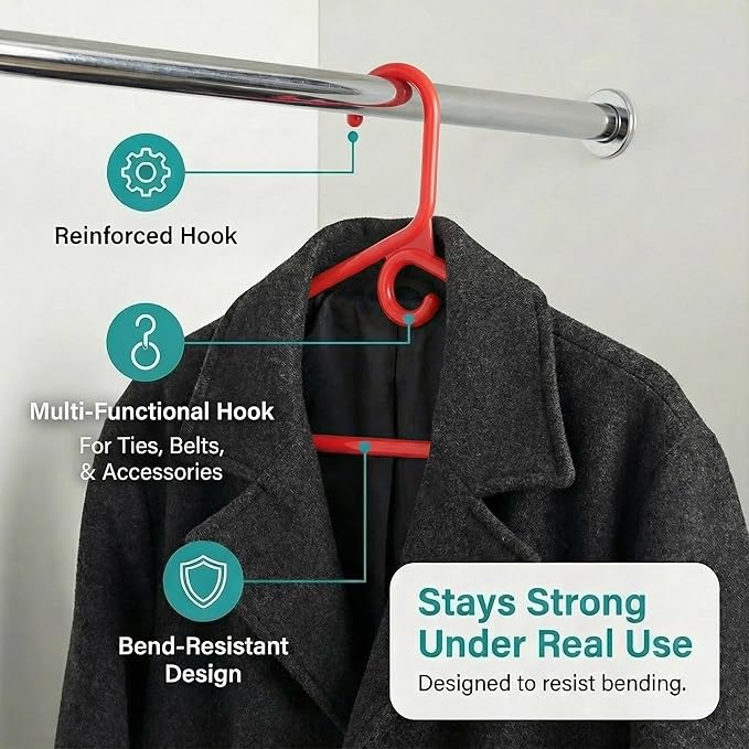 DEILSY™ Red Heavy Duty Hangers with Hooks for Scarves & Belts – Thick and Strong Clothes Hangers for Shirts, Jackets, Pants, and Dresses – Space-Saving Plastic Hangers – Pack of 10