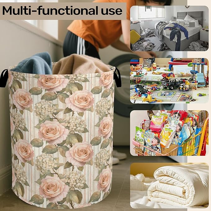Shabby Chic Rose Laundry Basket - Heavy Duty 60L Dirty Clothes Organizer, Water Resistant Foldable Hamper for Men Women